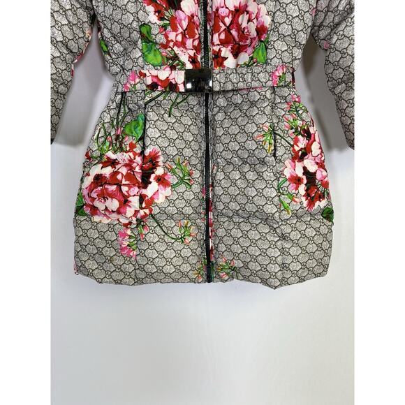 Girls Down Puffer Jacket Brown Floral Removable Hood Fur Trim Sz 8 - Picture 4 of 16